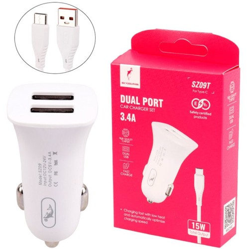شارژر فندکی 15 وات اسکای دلفین SZ09T + کابل تایپ سی