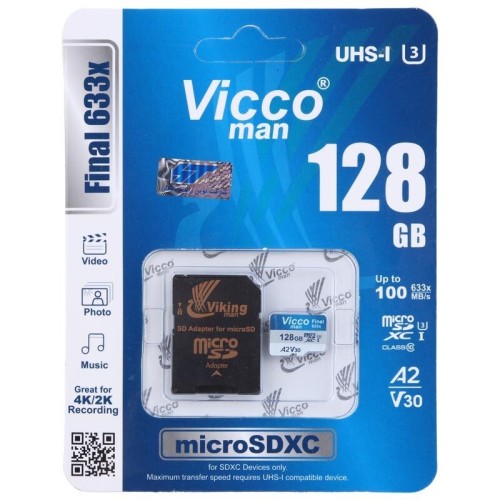 رم میکرو 128 گیگ ویکومن Vicco Man Final 633x A2 V30 U3 C10 100MB/s + خشاب
